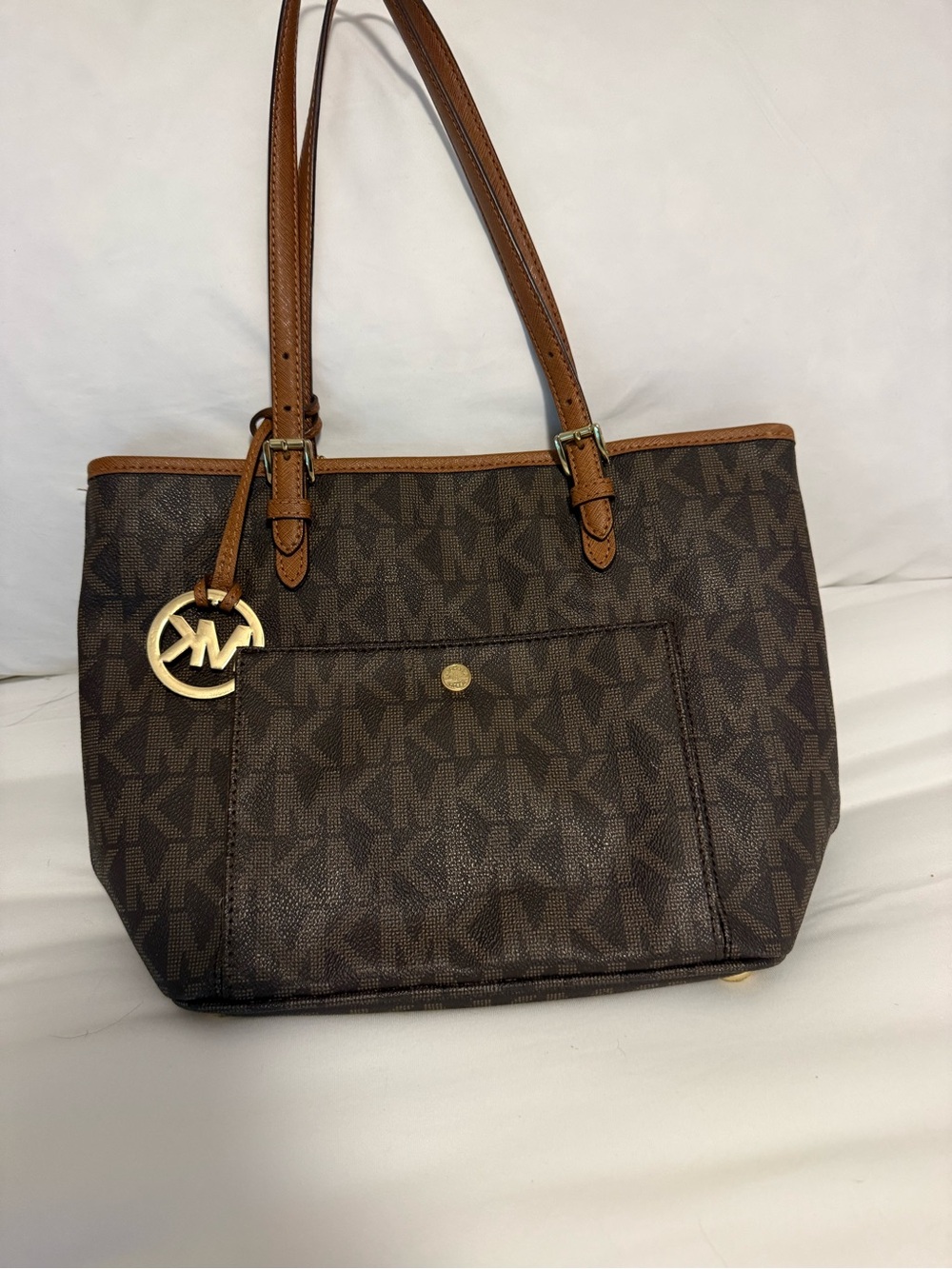Michael Kors Brown and Tan Logo Tote with Gold Charm